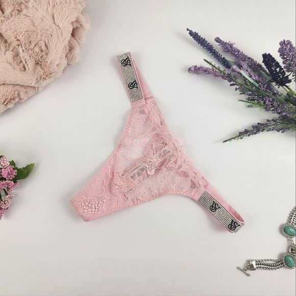 EXTRA SMALL {Victoria's Secret} Light Pink Lace {Bling} Straps Panty - Picture 1 of 6